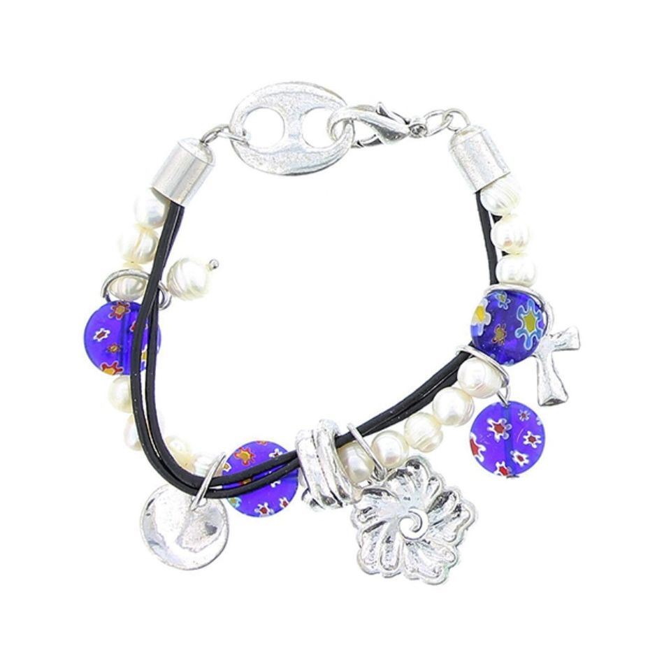 PULSERA CUENTAS CUERO METAL CRISTAL