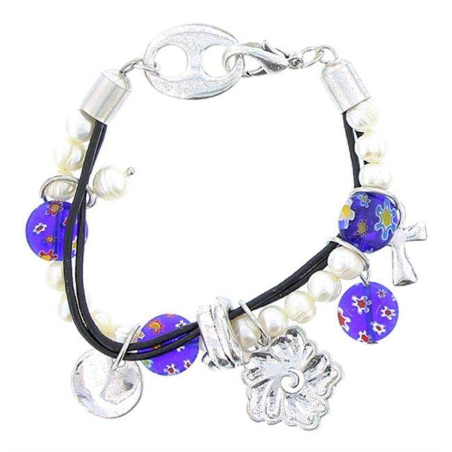 PULSERA CUENTAS CUERO METAL CRISTAL