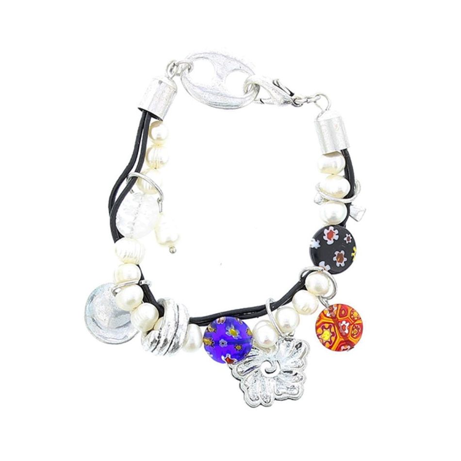 BEADS LEATHER METAL CRYSTAL BRACELET