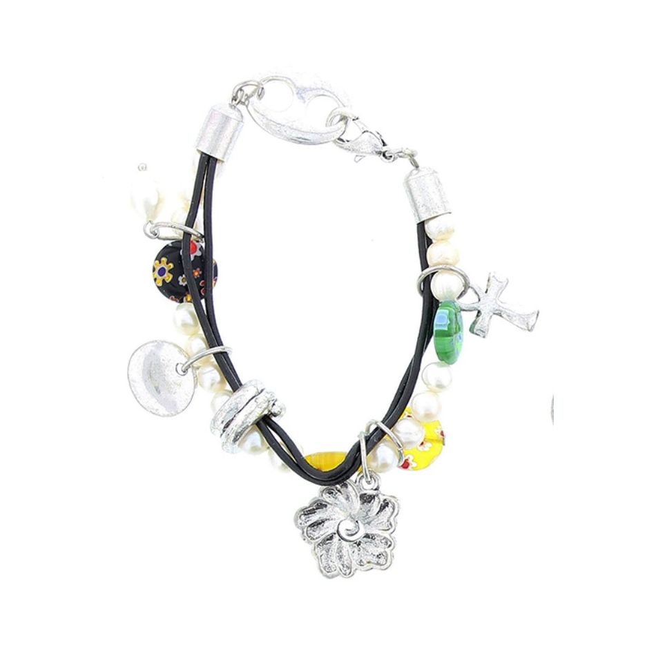 BEADS LEATHER METAL CRYSTAL BRACELET
