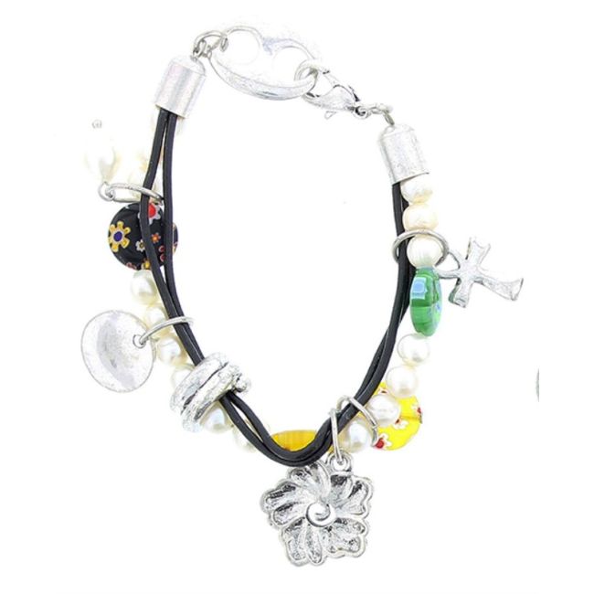 BEADS LEATHER METAL CRYSTAL BRACELET