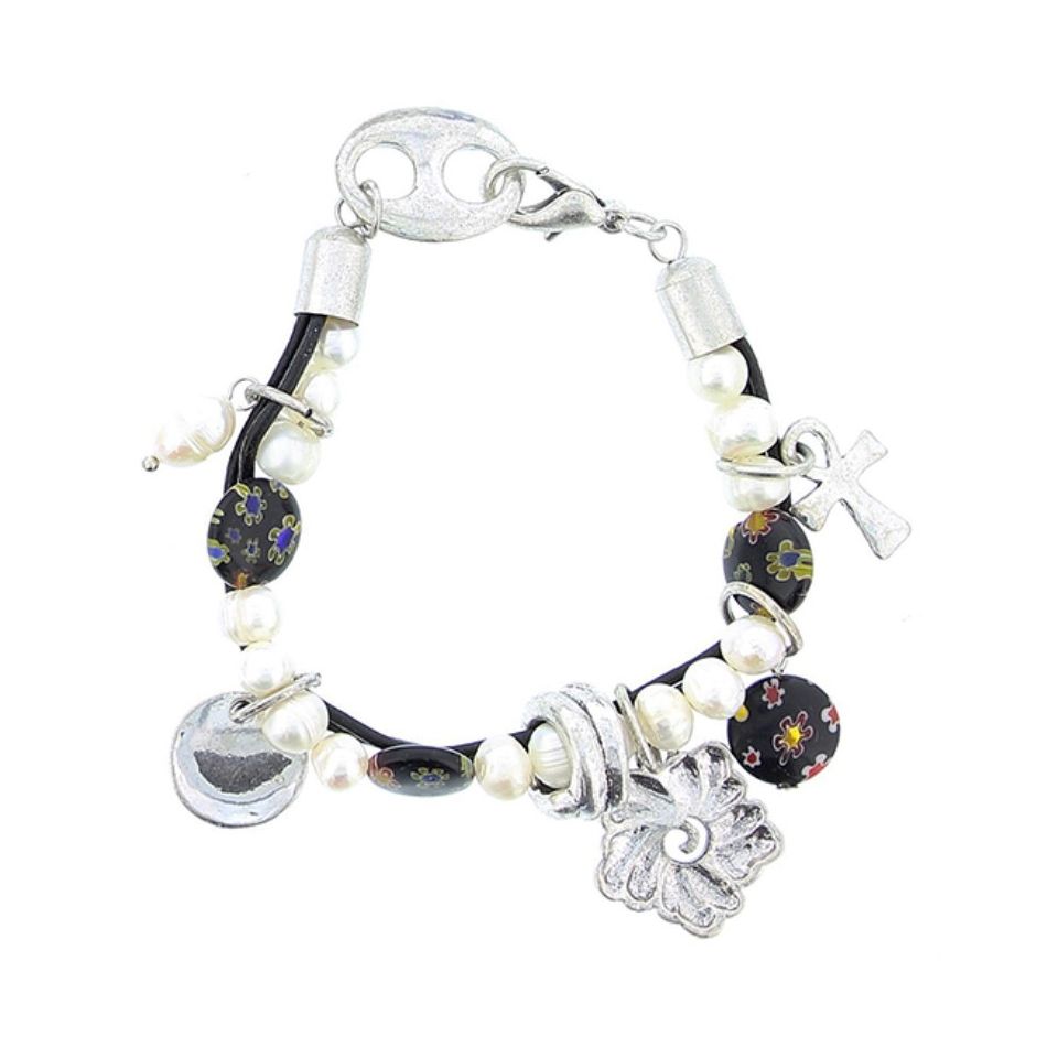BEADS LEATHER METAL CRYSTAL BRACELET