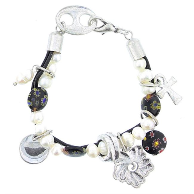BEADS LEATHER METAL CRYSTAL BRACELET