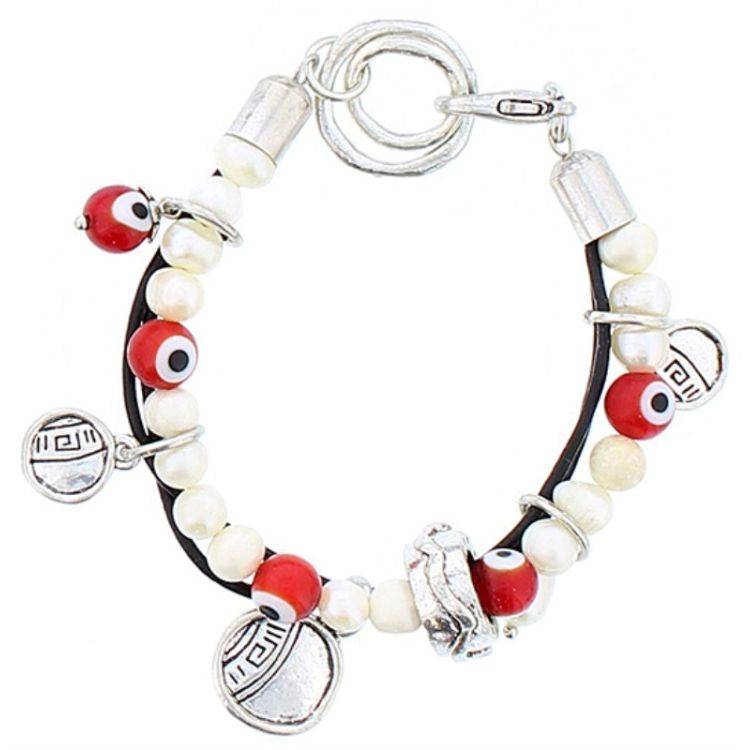 LEATHER BRACELET BEADS METAL CRYSTAL PEARLS CULT.