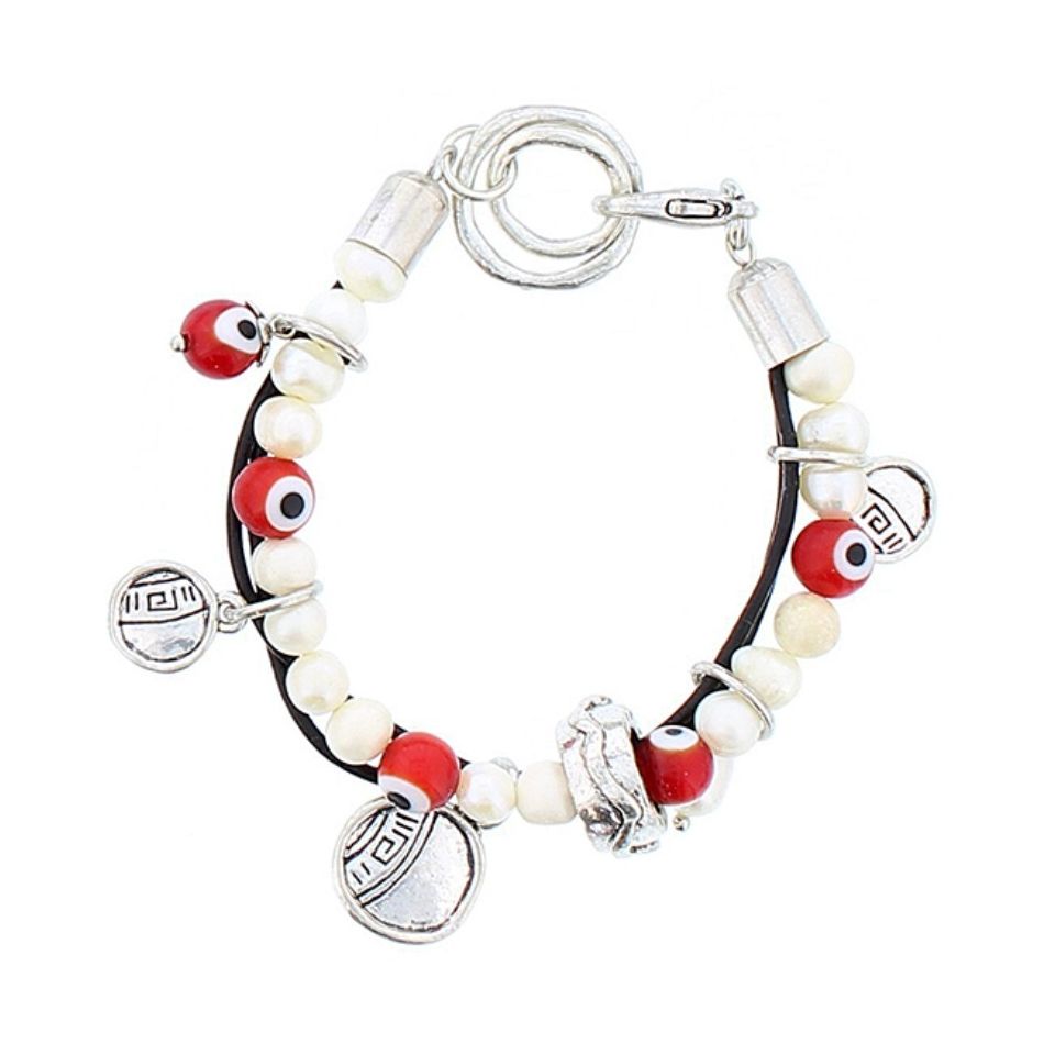 PULSERA CUERO CUENTAS METAL CRISTAL PERLAS CULT.