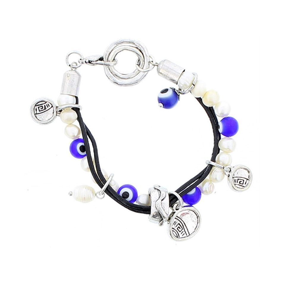 PULSERA CUERO CUENTAS METAL CRISTAL PERLAS CULT.