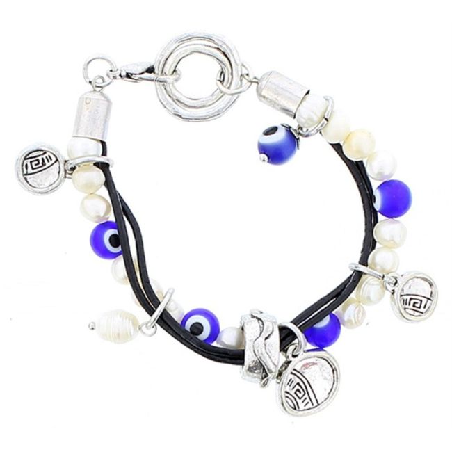 PULSERA CUERO CUENTAS METAL CRISTAL PERLAS CULT.