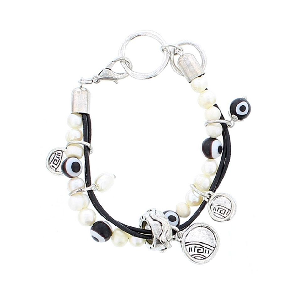 PULSERA CUERO CUENTAS METAL CRISTAL PERLAS CULT.