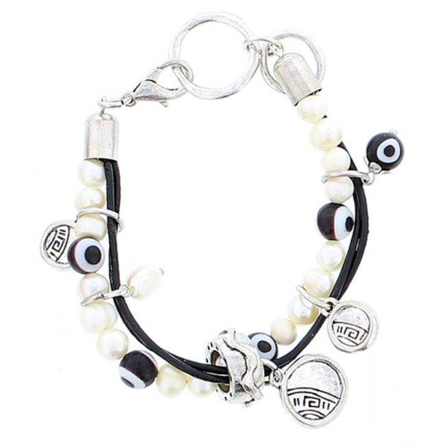 PULSERA CUERO CUENTAS METAL CRISTAL PERLAS CULT.