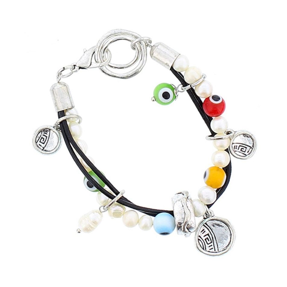 PULSERA CUERO CUENTAS METAL CRISTAL PERLAS CULT.