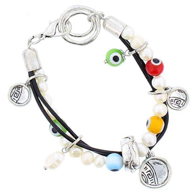 PULSERA CUERO CUENTAS METAL CRISTAL PERLAS CULT.