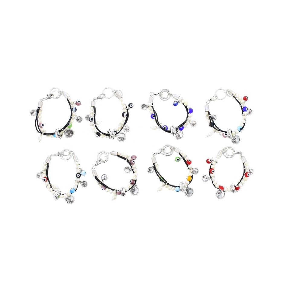 PULSERA CUERO CUENTAS METAL CRISTAL PERLAS CULT.