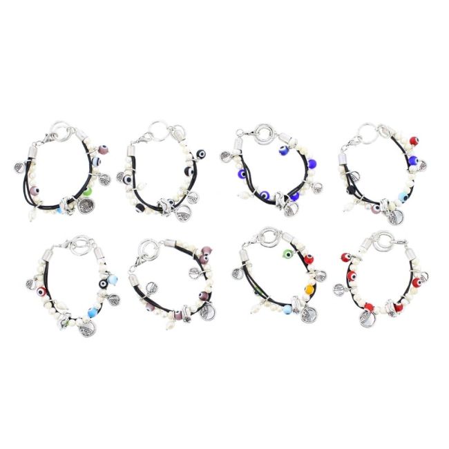 PULSERA CUERO CUENTAS METAL CRISTAL PERLAS CULT.