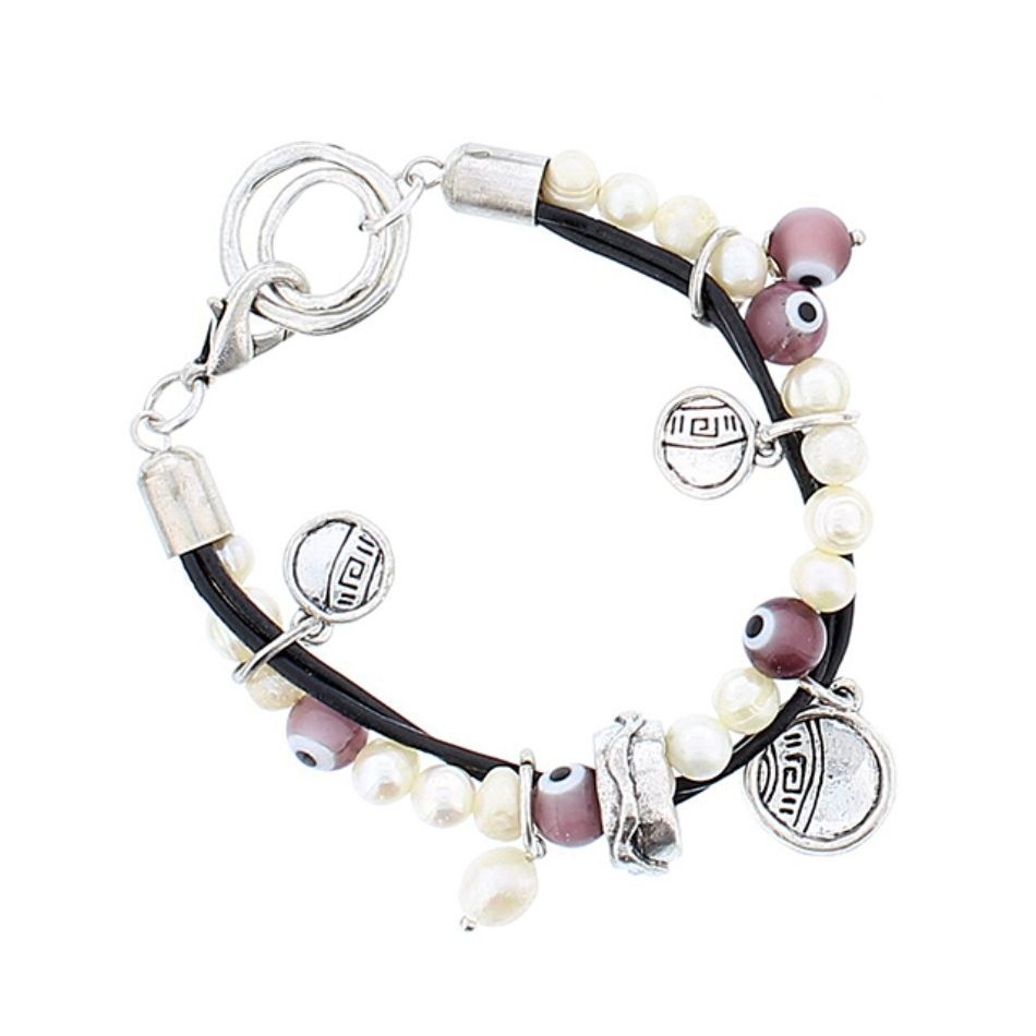 PULSERA CUERO CUENTAS METAL CRISTAL PERLAS CULT.