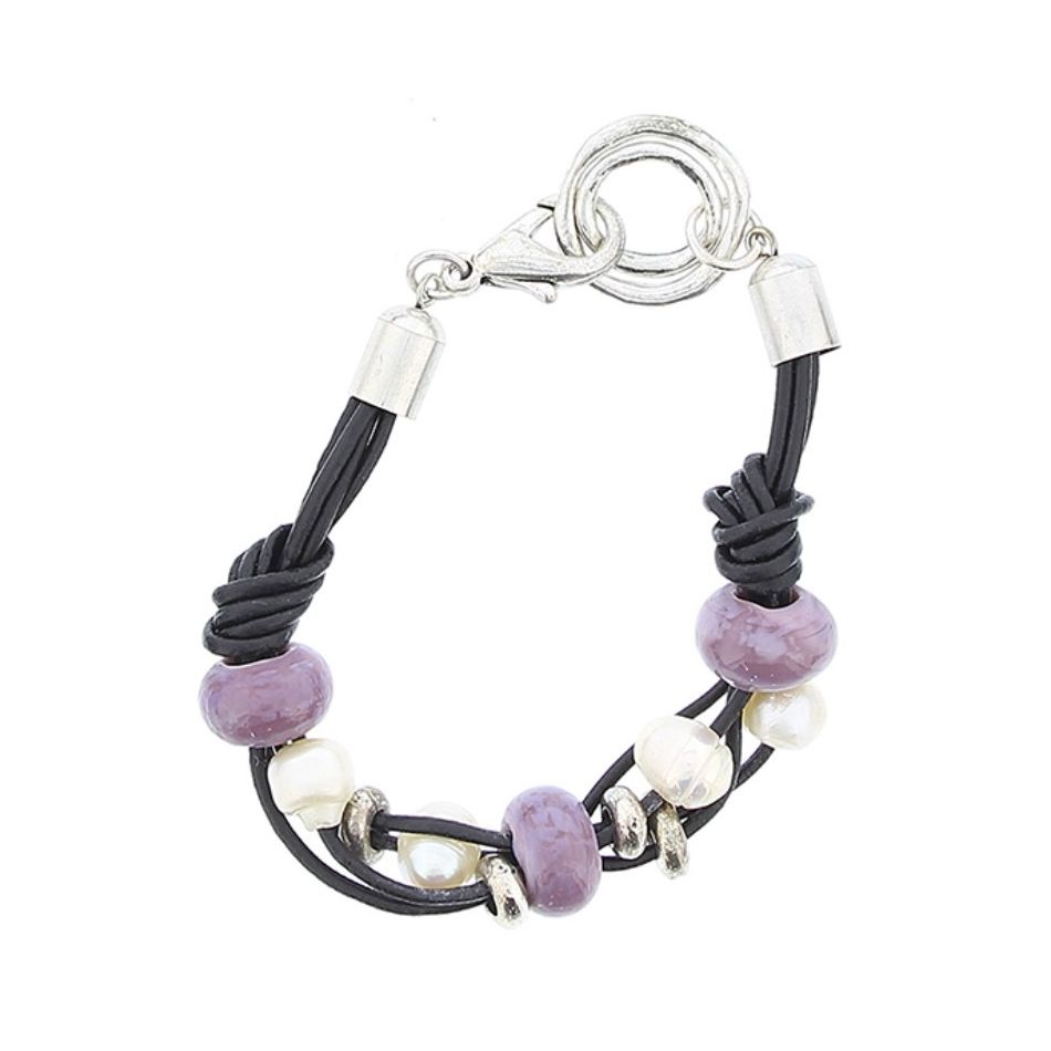 PULSERA CUERO CUENTAS METAL CRISTAL