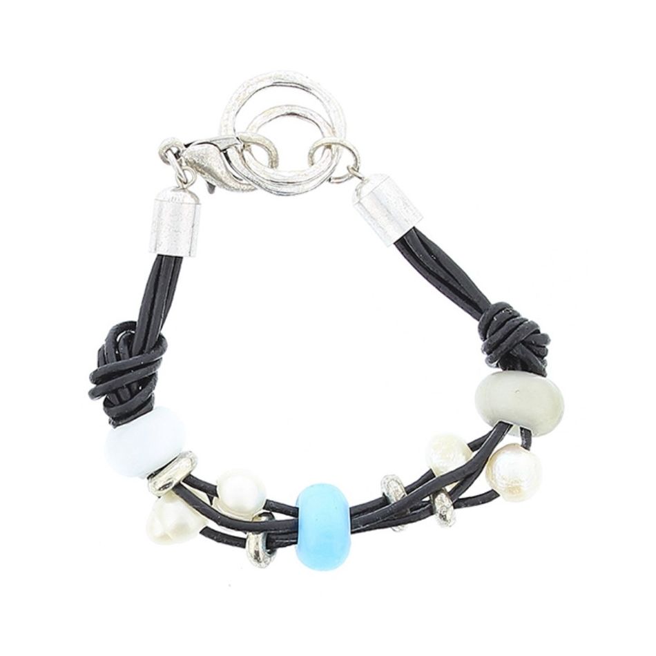 PULSERA CUERO CUENTAS METAL CRISTAL