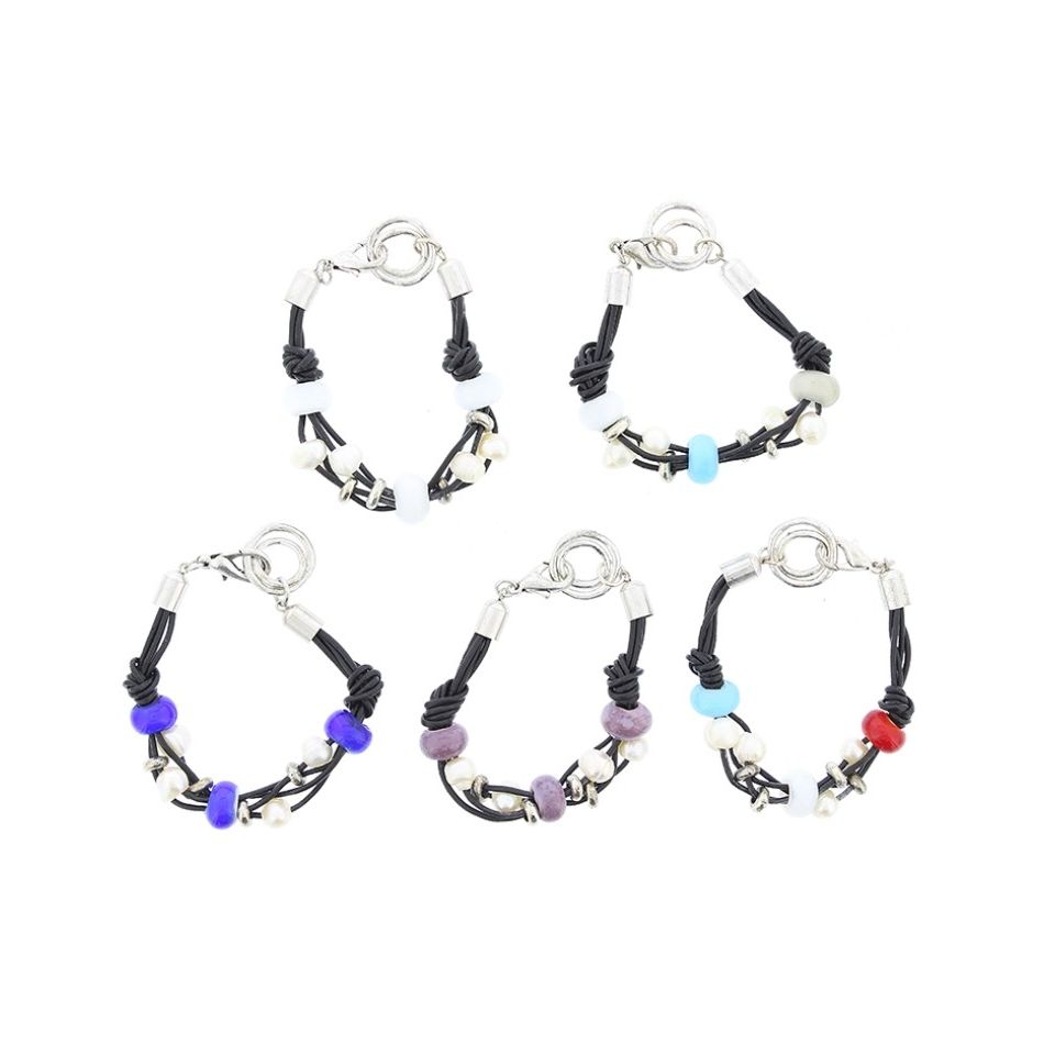 PULSERA CUERO CUENTAS METAL CRISTAL