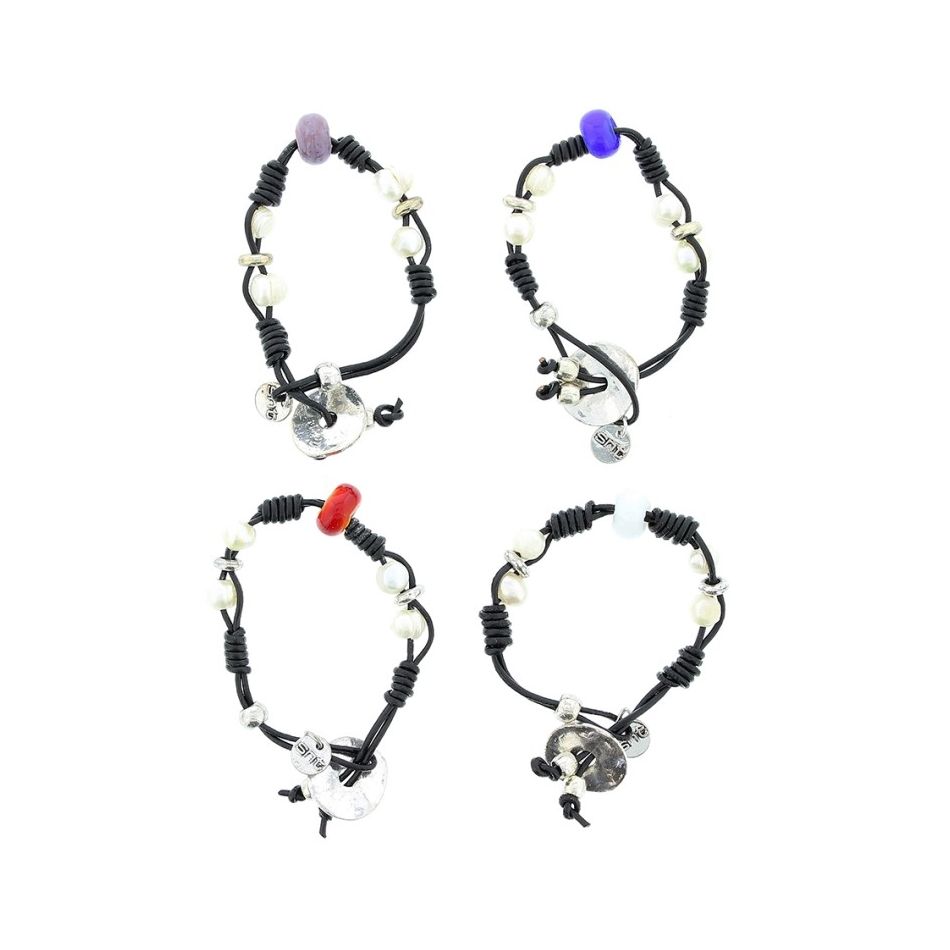 PULSERA CUERO CUENTAS METAL PERLAS CULTIV.