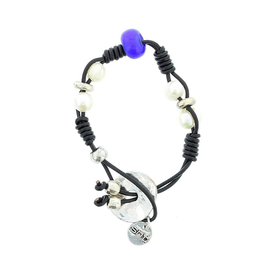 PULSERA CUERO CUENTAS METAL PERLAS CULTIV.