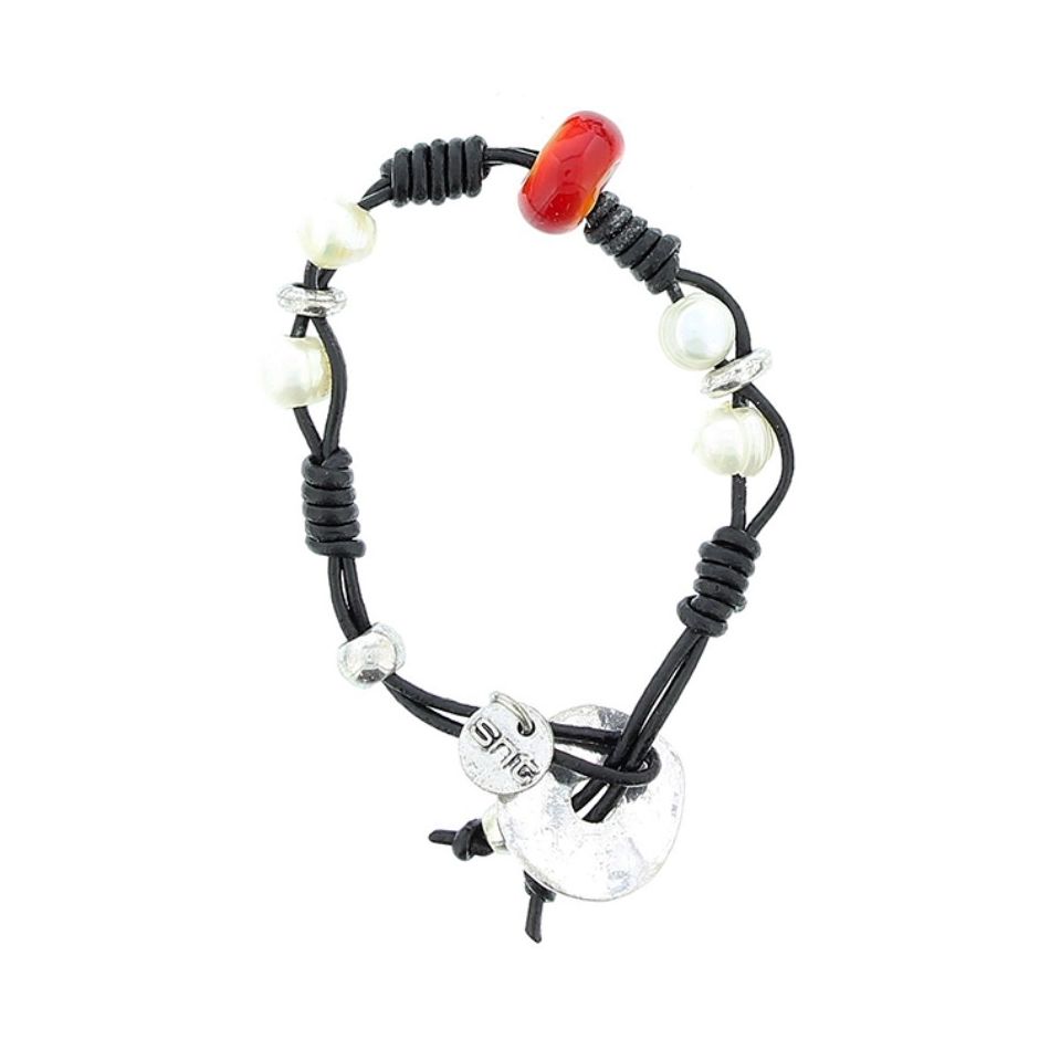 PULSERA CUERO CUENTAS METAL PERLAS CULTIV.