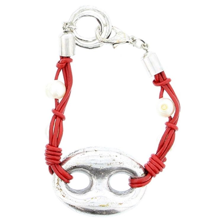 PULSERA CUERO CUENTAS METAL PERLAS CULTIV.