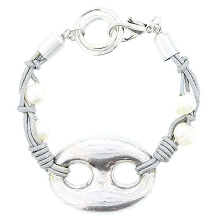 PULSERA CUERO CUENTAS METAL PERLAS CULTIV. 2