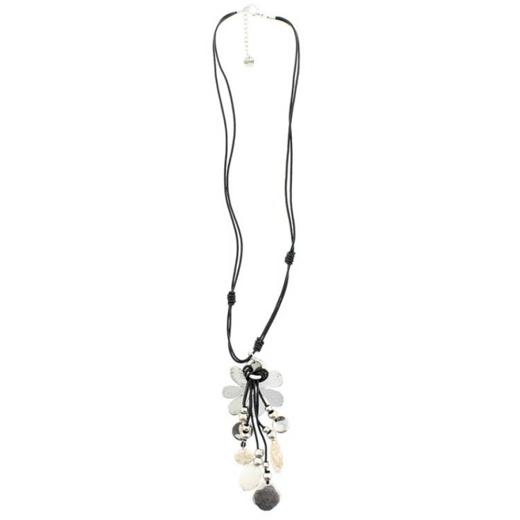COLLAR LARGO CUERO CUENTAS METAL PIEDRAS