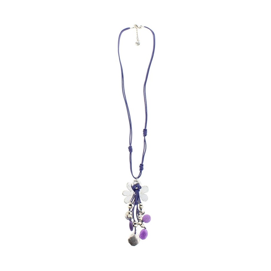 COLLAR LARGO CUERO CUENTAS METAL PIEDRAS