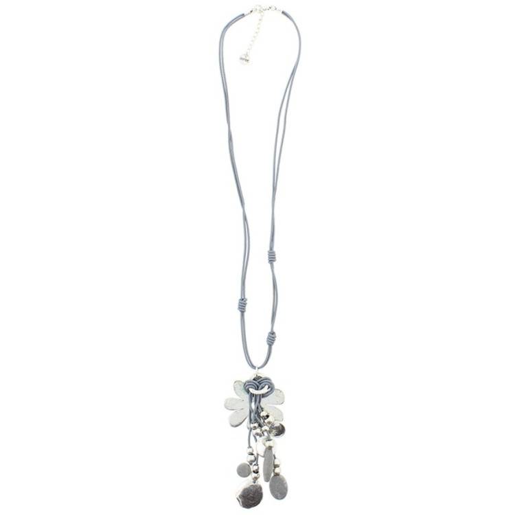 LONG LEATHER NECKLACE METAL BEADS STONES 2