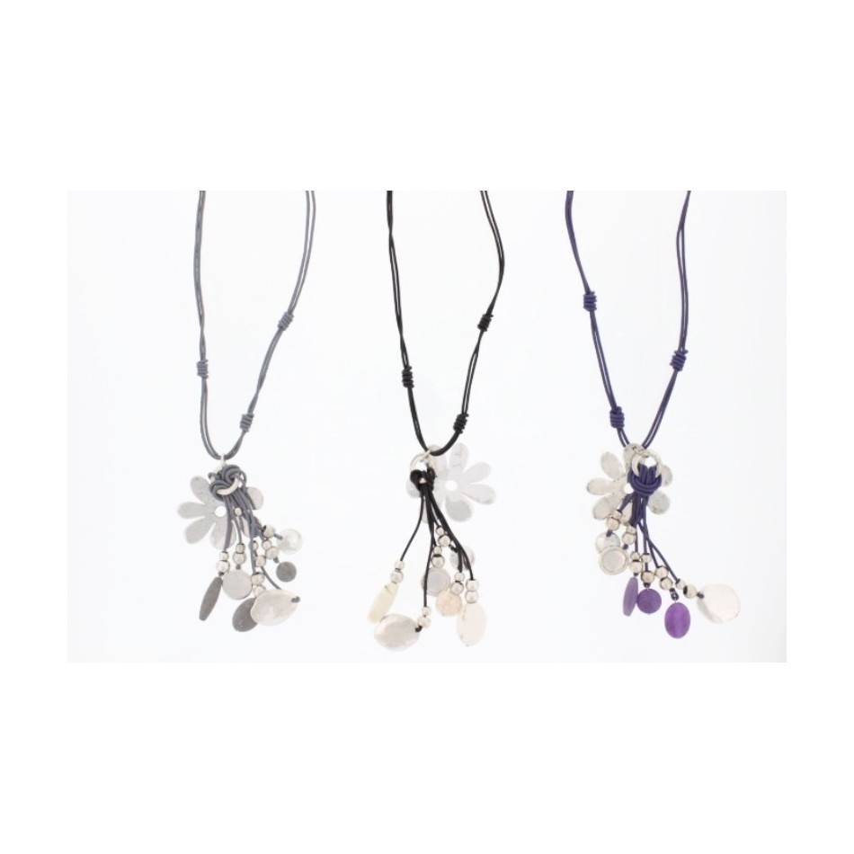 LONG LEATHER NECKLACE METAL BEADS STONES