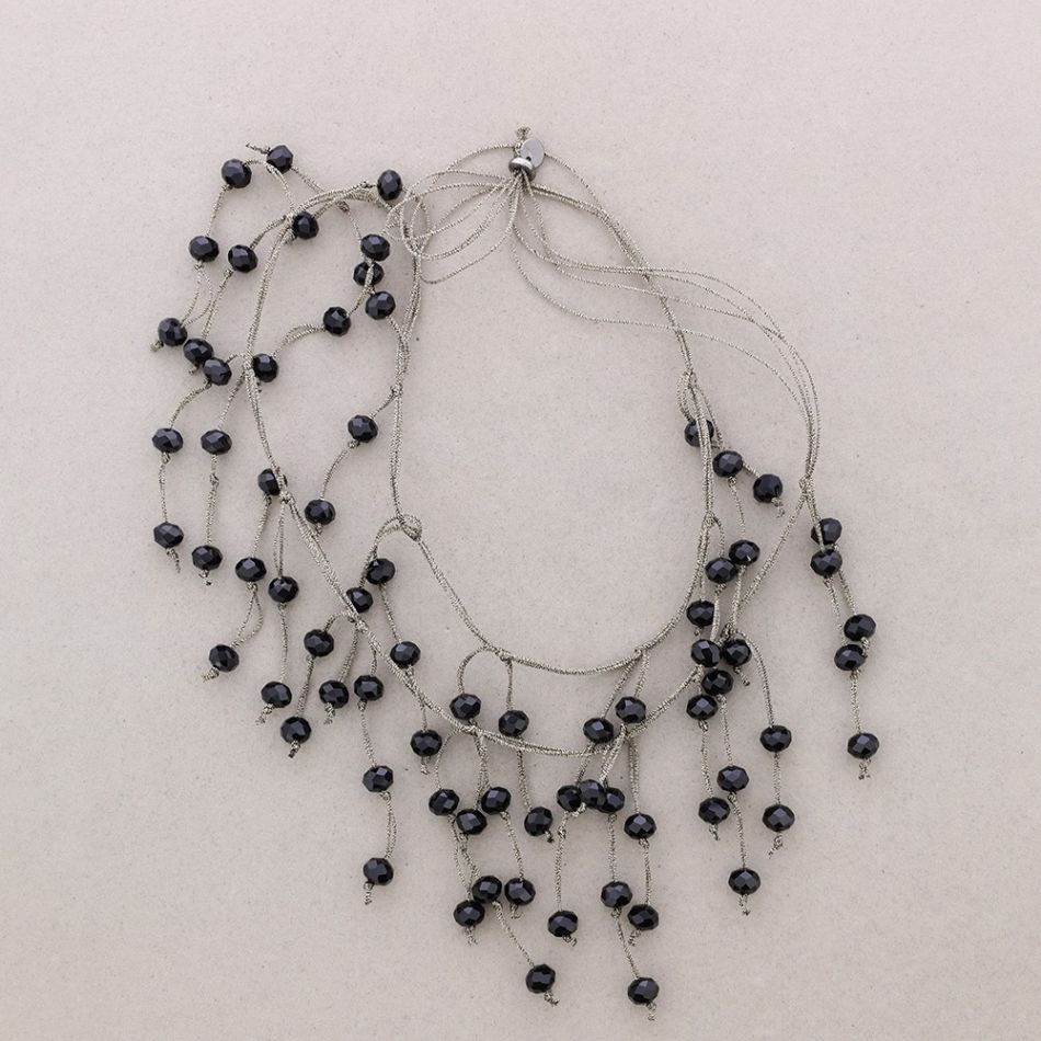 LONG CORD NECKLACE WITH FACETED CRYSTAL PENDANTS