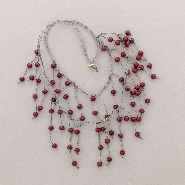 LONG CORD NECKLACE WITH FACETED CRYSTAL PENDANTS