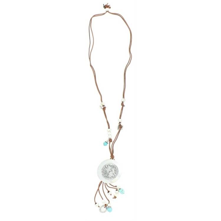 LONG LEATHER NECKLACE METAL STONES