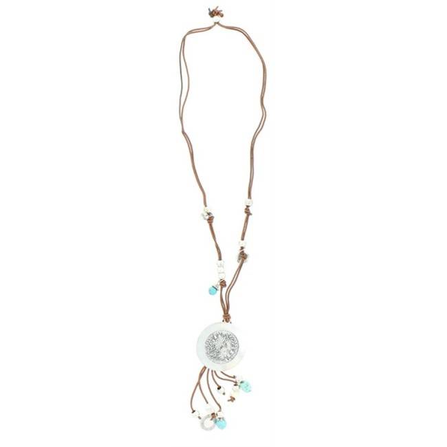 COLLAR LARGO CUERO METAL PIEDRAS