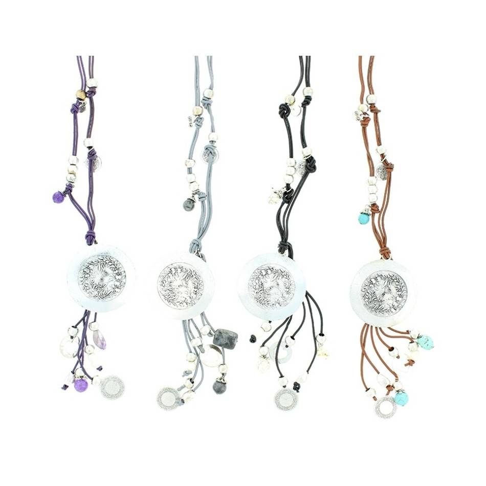 LONG LEATHER NECKLACE METAL STONES