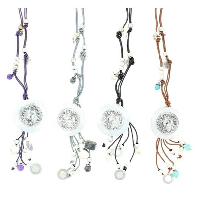LONG LEATHER NECKLACE METAL STONES