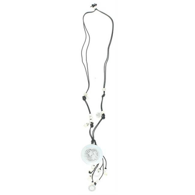 COLLAR LARGO CUERO METAL PIEDRAS