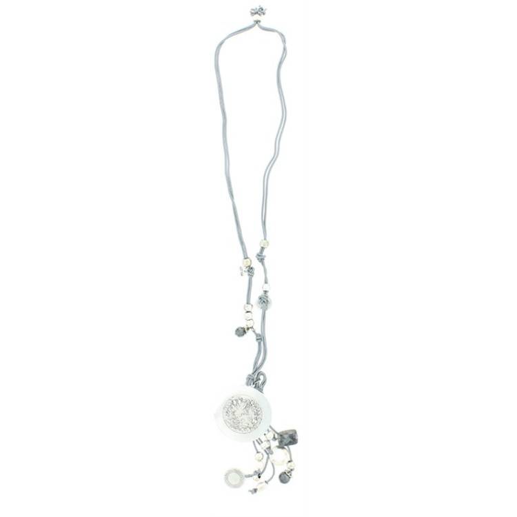LONG LEATHER NECKLACE METAL STONES 2