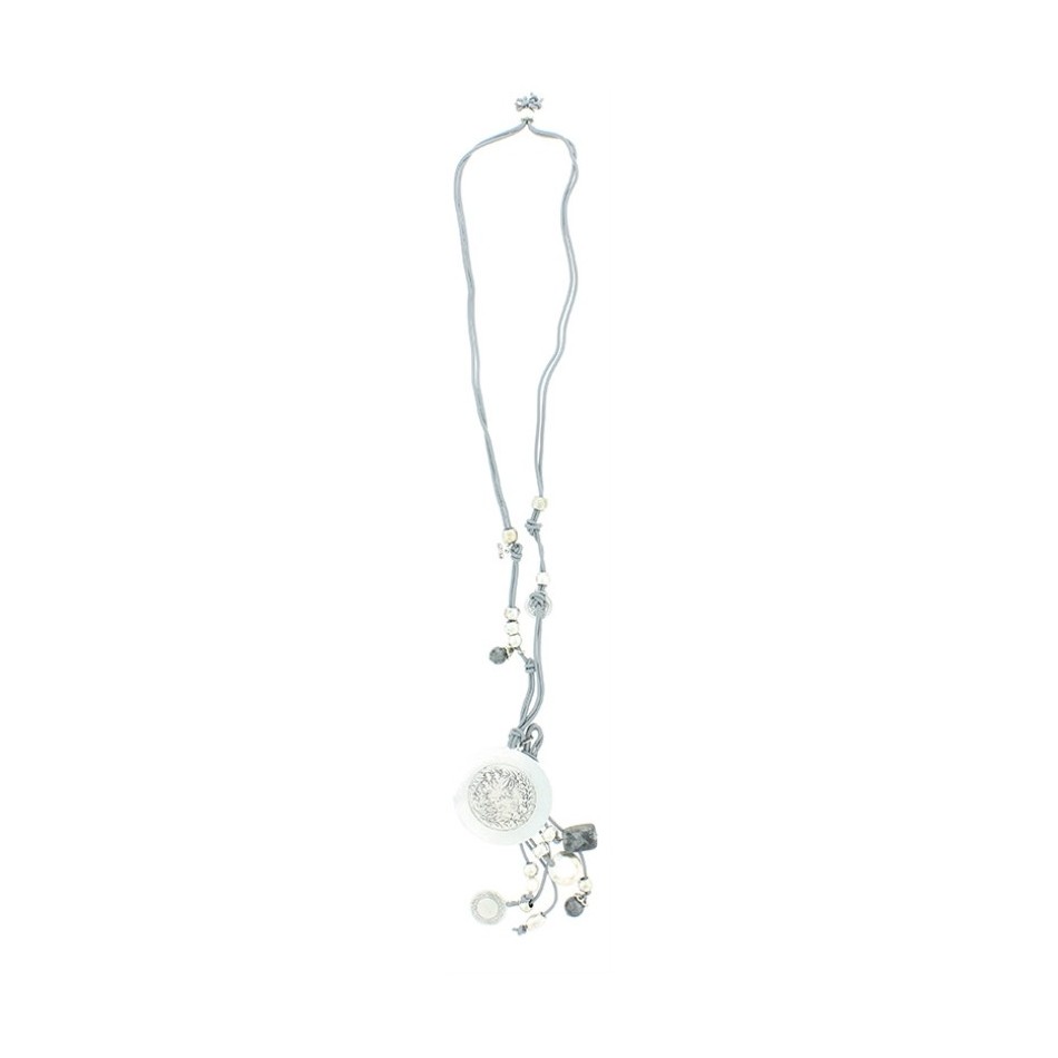 LONG LEATHER NECKLACE METAL STONES