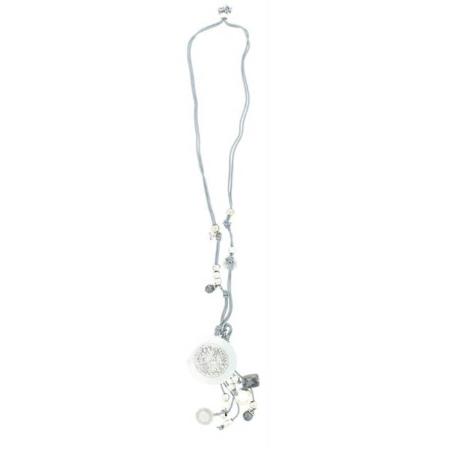 LONG LEATHER NECKLACE METAL STONES