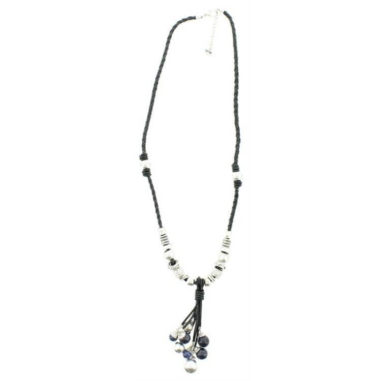 COLLAR LARGO CUERO CUENTAS METAL