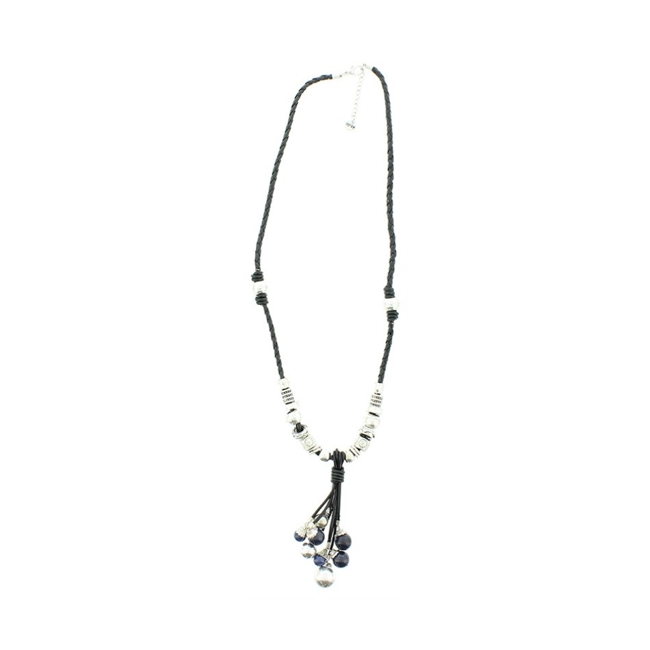 LONG LEATHER NECKLACE WITH METAL BEADS