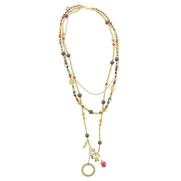 LONG NECKLACE METAL STONE BEADS
