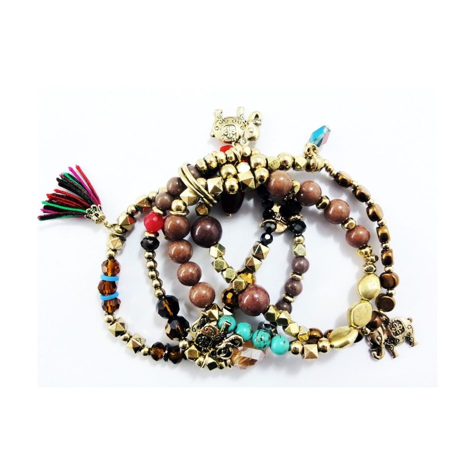 PULSERA 4 TIRAS CUENTAS METAL PIEDRAS