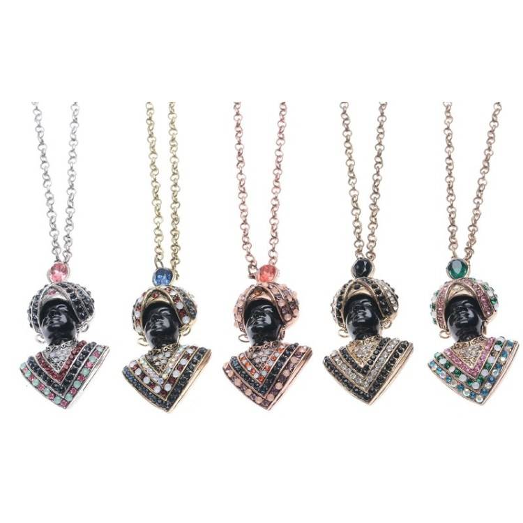 LONG PENDANT NECKLACE HEAD CRYSTALS PEARLS