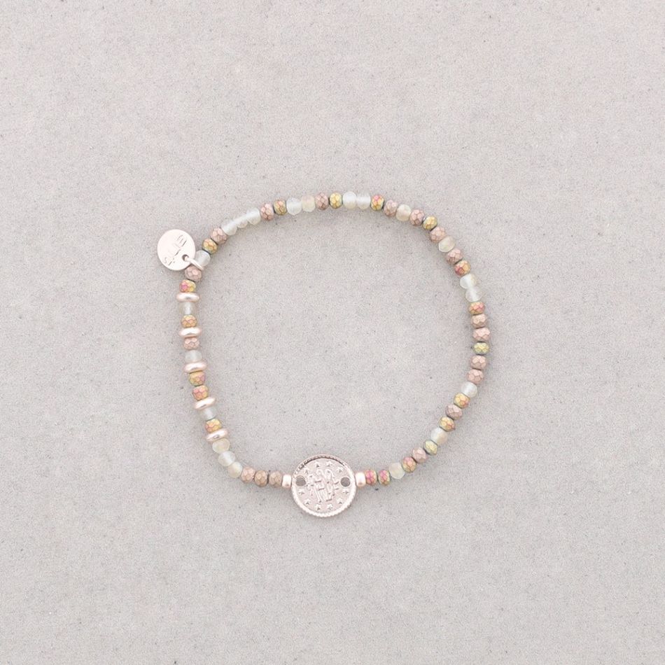 PULSERA ELÁSTICA CUENTAS CRISTAL MONEDA METAL