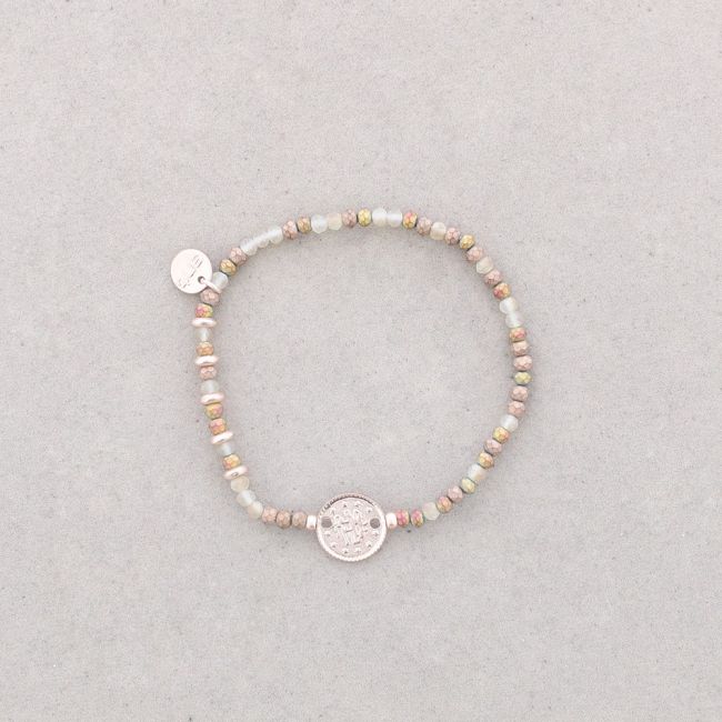 PULSERA ELÁSTICA CUENTAS CRISTAL MONEDA METAL