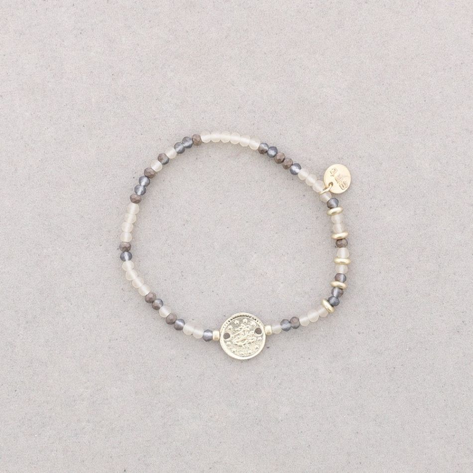 PULSERA ELÁSTICA CUENTAS CRISTAL MONEDA METAL