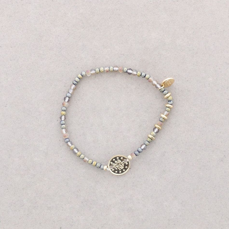 PULSERA ELÁSTICA CUENTAS CRISTAL MONEDA METAL