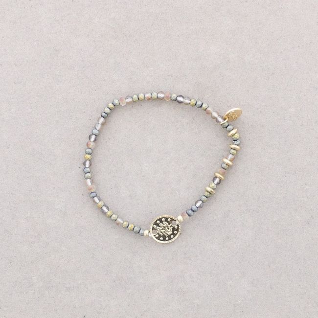 PULSERA ELÁSTICA CUENTAS CRISTAL MONEDA METAL